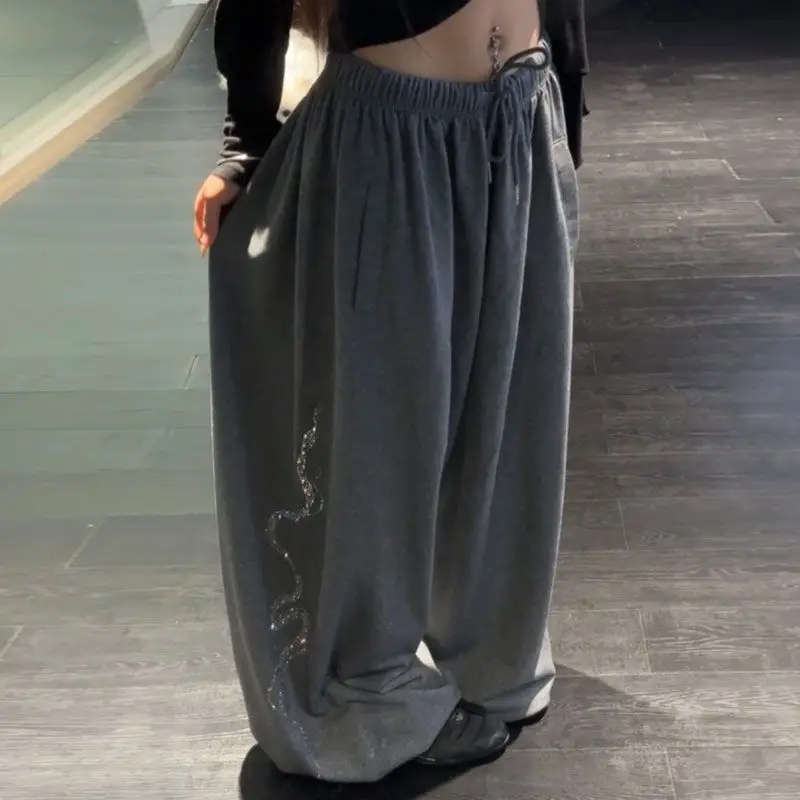 Sequin Wave Print Elastic Waist Loose Fit Streetwear Casual Trousers for Spring Summer Women's Baggy Wide-Leg Pants