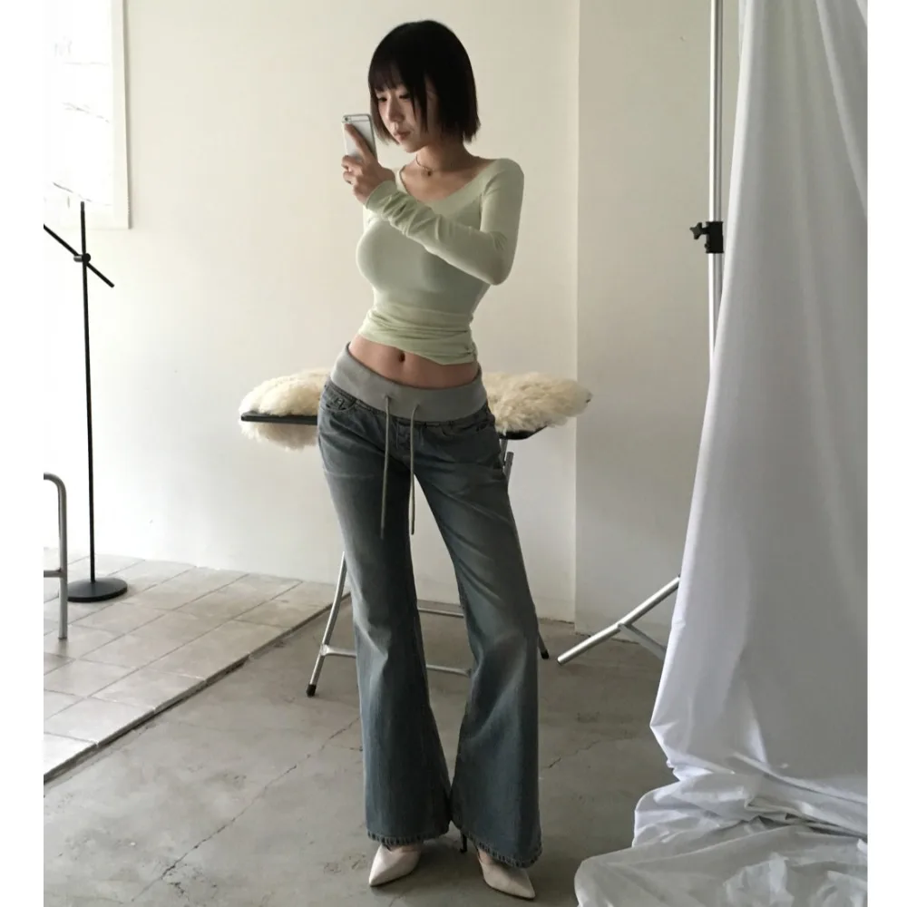 Low Waist Slim Fit Flared Jeans Sexy Butt Enhancing Ribbed Denim Casual Style Standard Size Four Seasons Cotton Non-Fleece