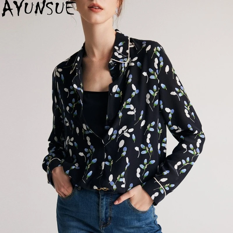 AYUNSUE بلوزة من حرير التوت الطبيعي عالية الجودة بأكمام طويلة للنساء بلوزات للمرأة أنيقة Blusas De Mujer