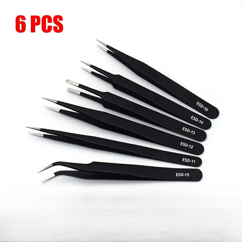 

Stainless Steel Black Tweezers Anti-Static ESD1mm Elbow Tip 6-piece Set Bird's Nest Clip Disassembly Tool Precision Maintenance