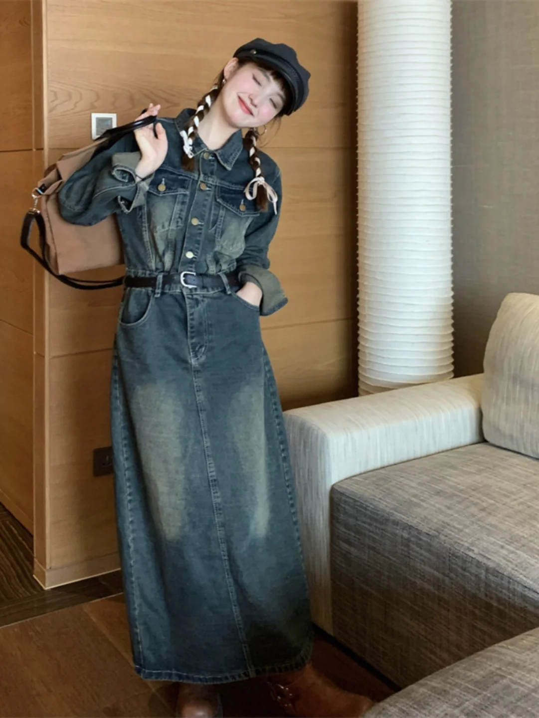 

plus Size Women's Vintage Distred Denim Dr irt Collar A-Line Long Skirt Autumn Season Korean Sle Commute Faion