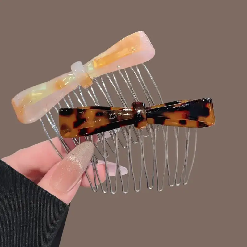 1PC Luxury Acetate Bow Hair Comb for Women – Anti-Slip Side Hair Clip, Fringe & Flyaway Tamer, Backward Insert Design, Elegant