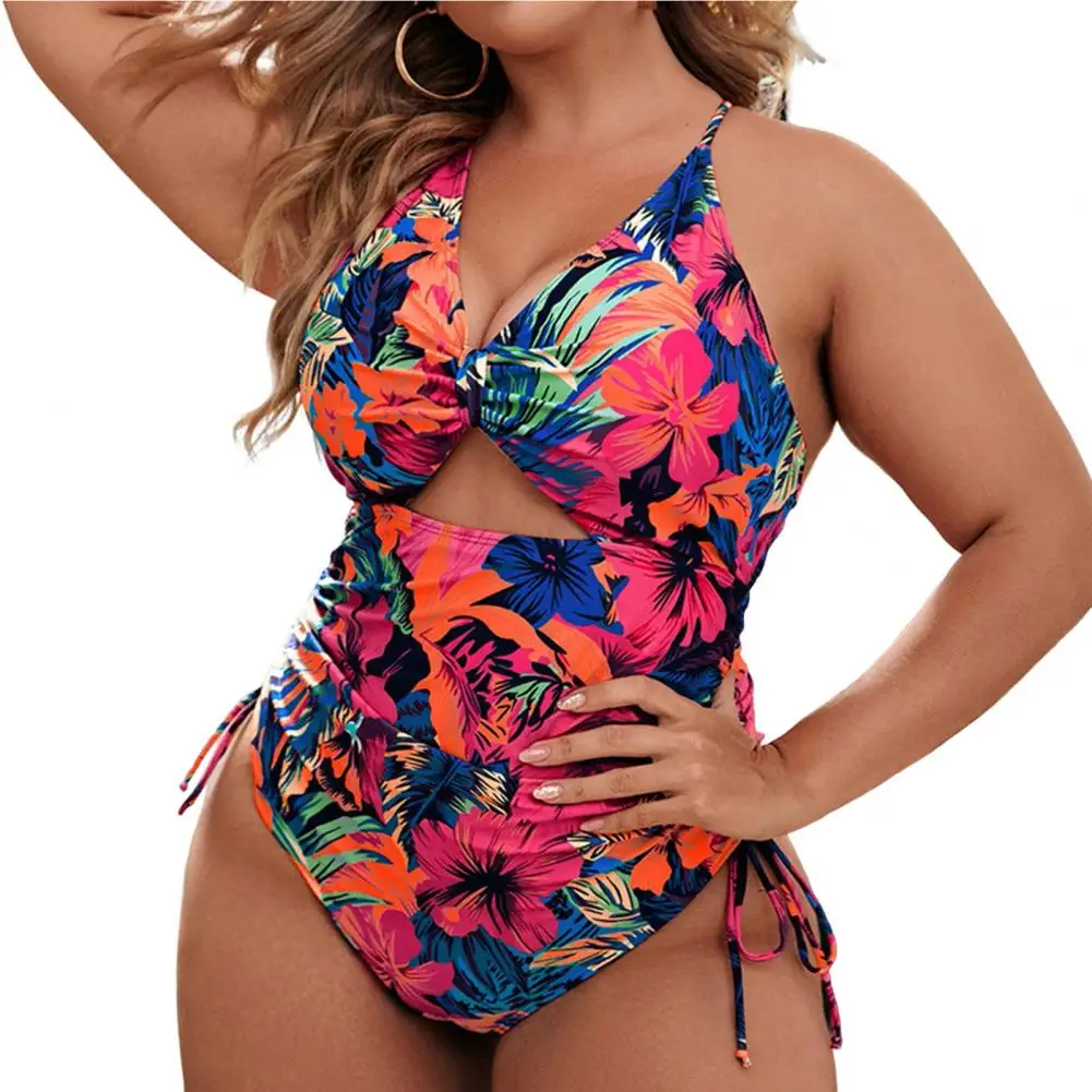 V-neck Spaghetti Straps Hollow Out Side Drawstring Women Monokini Summer Floral Print Plus Size One-piece Bikini Beach