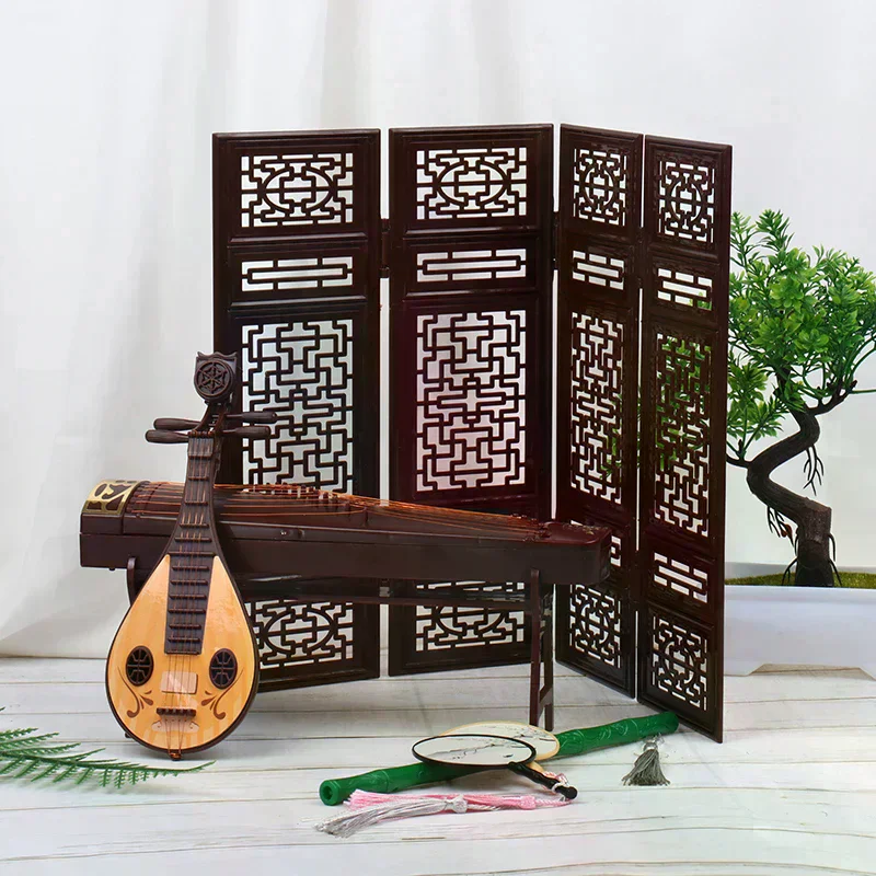 Dollhouse Miniature Folding Screen Flute Lute Guzheng Fan Life Scene Ornament For Kids Creative Play