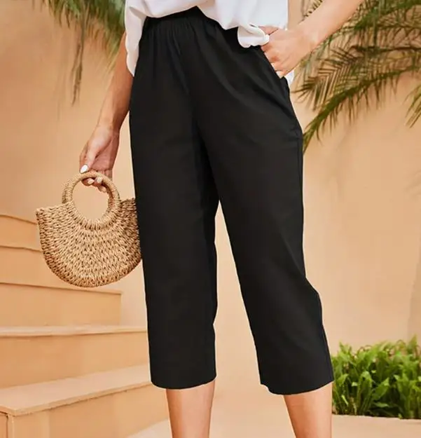 2026 Spring/Summer New Women's Fashion High Waist Solid Color Casual Pants Elastic Commuter Seven Quarter Pants Women's Wear