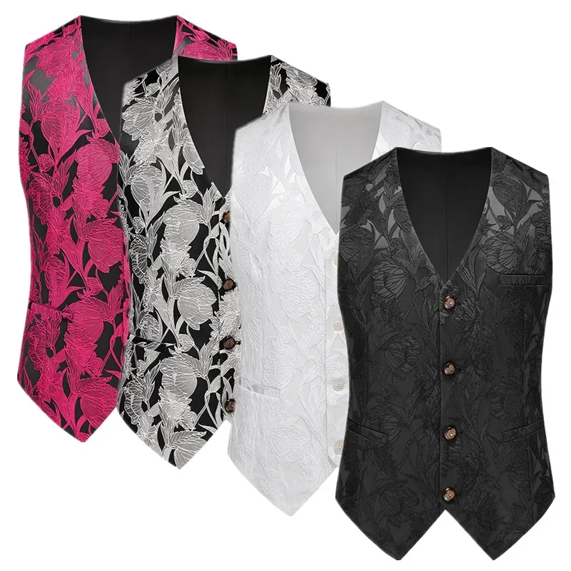 

New Men Luxury Jacquard Suit Vest Black / White / Grey 2025 New Gentleman Wedding Prom Party Dress Waistcoat