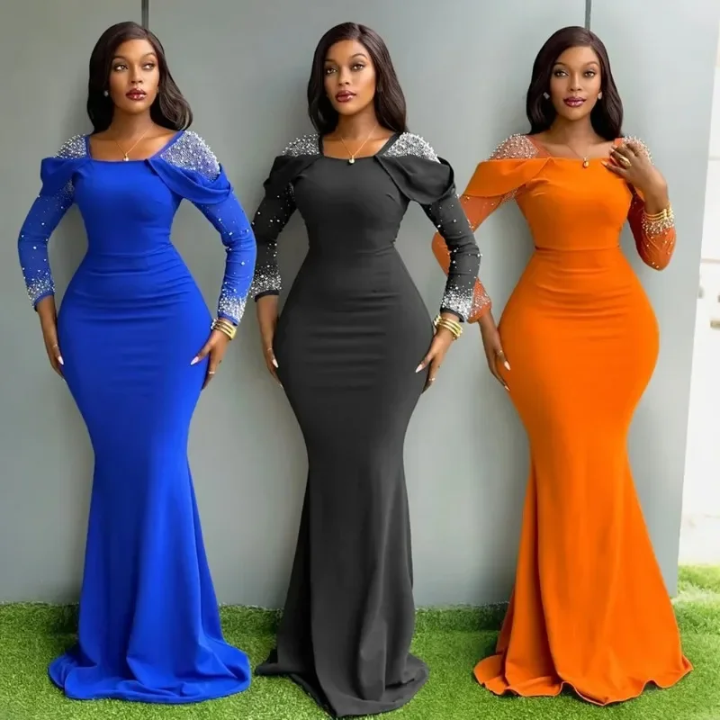 

Элегантное африканское платье макси Дашики с длинным рукавом и круглым вырезом для женщин, осень 2025, вечернее платье из полиэстера