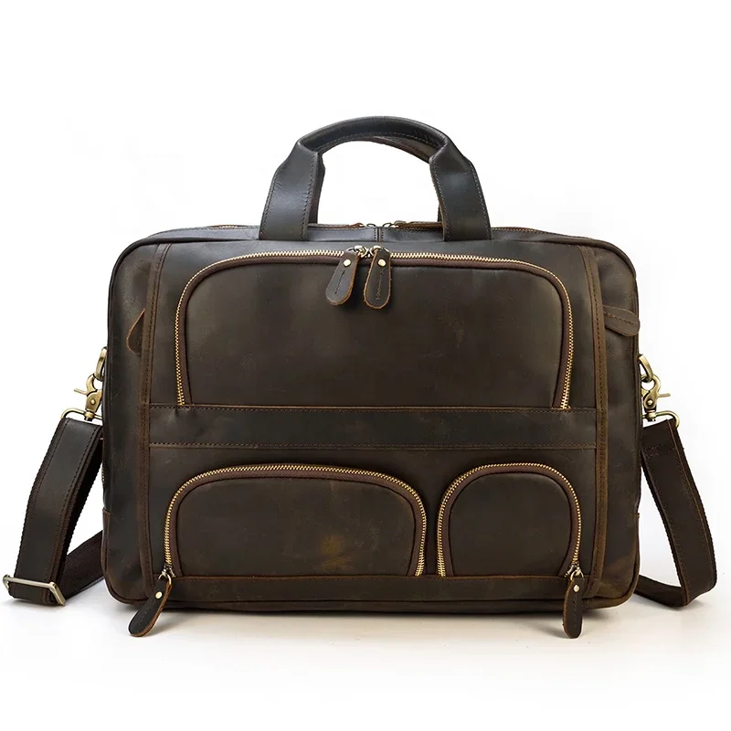 

Large Capacity Travel Duffle Shoulder Bags Dropshipping Vintage 17 Inches Laptop Business Bag Genuine Leather Briefcase