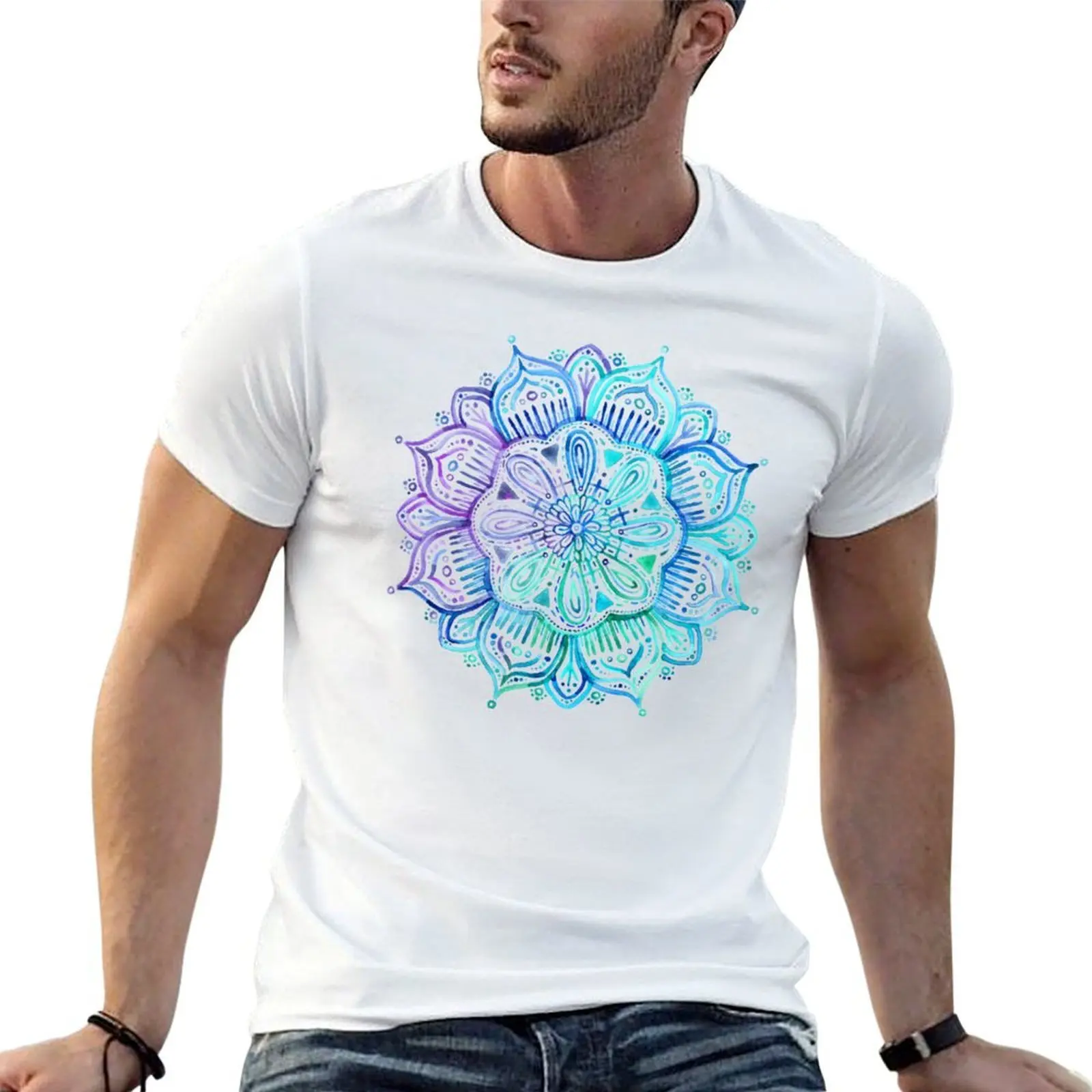 

Iridescent Aqua and Purple Watercolor Mandala T-Shirt man t shirt heavy cotton t shirt man plain anime tshirt T-shirt