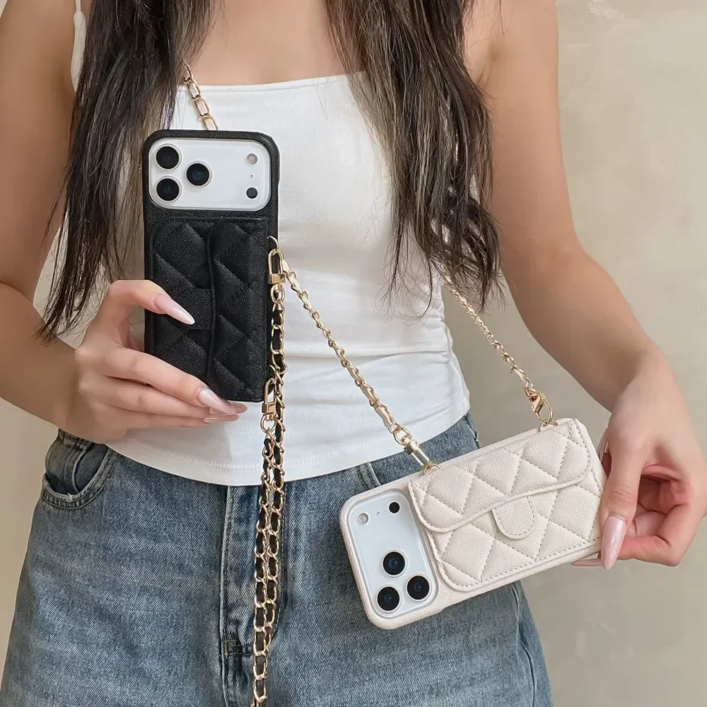 Skórzane etui typu portfel z przegródką na karty i paskiem do noszenia na ramieniu, przeznaczone do modeli iPhone 18, 17 Air, 16E, 16, 15, 14, 13 Pro Max Plus (bez logo).