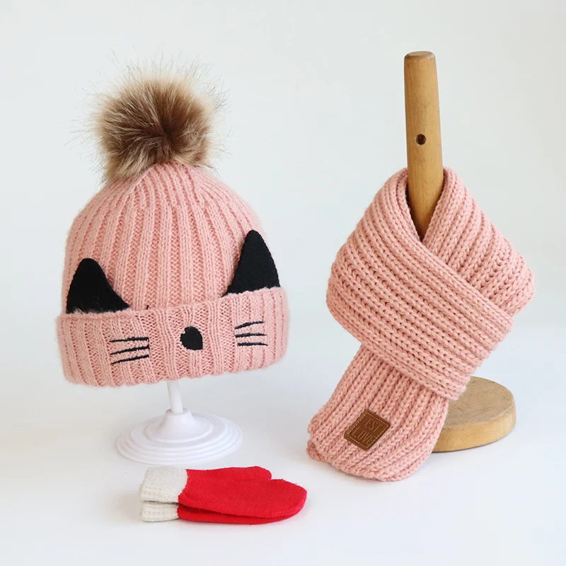 Chapeau en peluche trois pièces pour enfants, écharpe, gants automne/hiver, costume pour garçons et filles, chapeau tricoté, chaton, chapeau pour