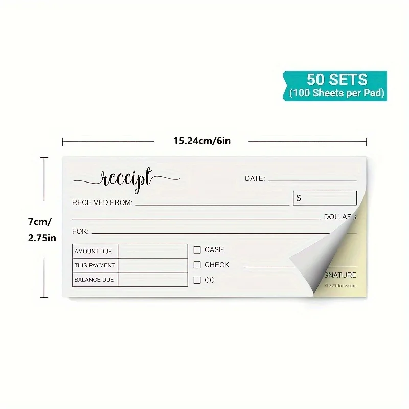 One Single Receipt Book, 2.75x6in, 2-Part Carbonless Paper, Handheld Business Orders (Set of 50) White/Yellow