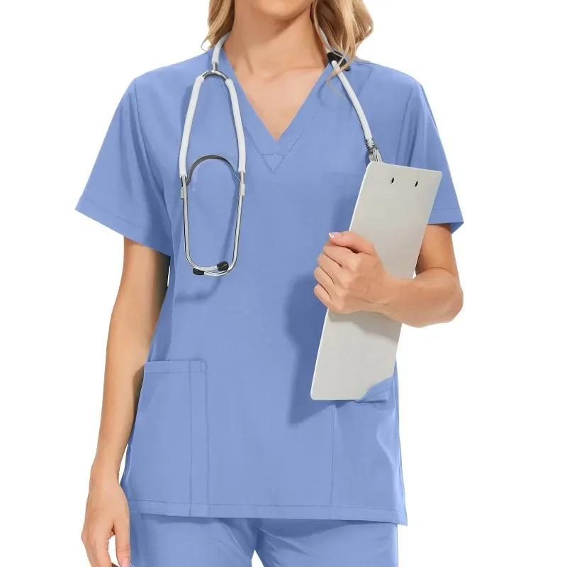 Workwear Nursing Women Scrubs Elastic Band Pants Working Uniform Women Short Sleeve Neck Tops Dental Hospital Scrubs Suits