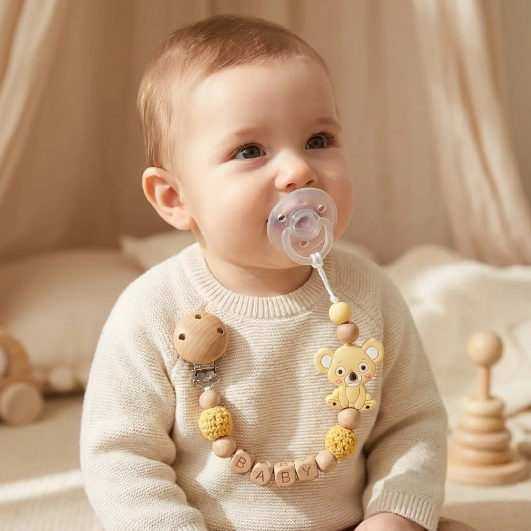 Personalized Baby Pacifier Clip Custom Name Wooden Teether Chain Yellow Koala Silicone Crochet Beads BPA Free Dummy Holder Gift