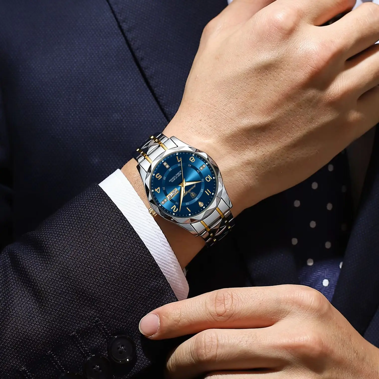 POEDAGAR ساعة يد رجال الأعمال الفاخرة الفولاذ المقاوم للصدأ تاريخ الأسبوع رجل ساعة مقاوم للماء مضيئة موضة ساعات كوارتز للرجال