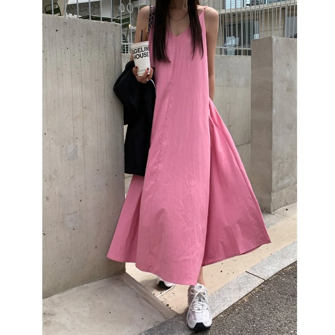 Korean Sle Summer Elegance V-Ne Sexy Bal Lazy Casual Vaion Vibes Strapl Dr High Waist A-Line Midi Dr