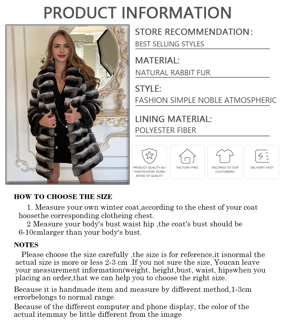 Winter Rabbit Fur Coats For Womens Fashion Luxury Chinchilla Rex Rabbit Fur Jackets With Turndown Collar