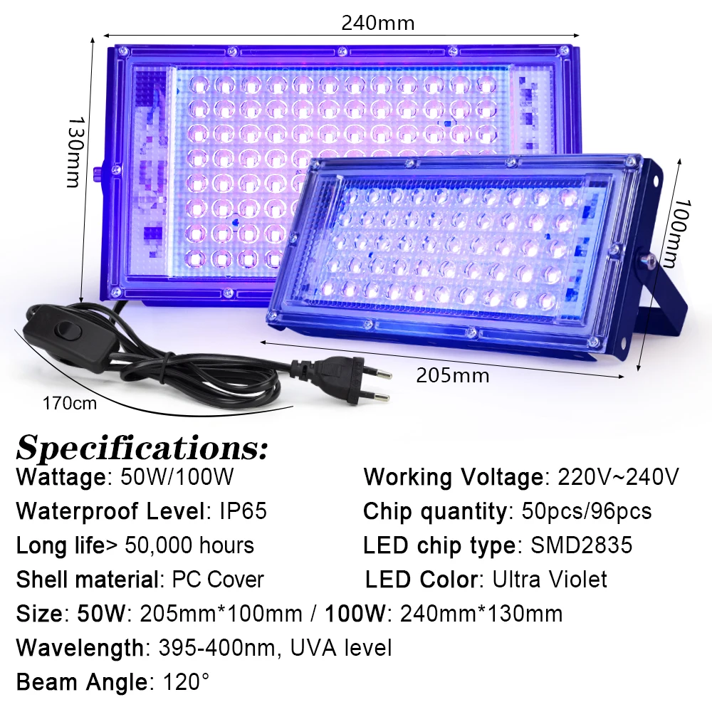 50W 100W UV Flood Light 395nm 400nm Waterproof AC220V Ultraviolet Fluorescent Stage Lamp With EU Plug For Glow Party Blacklight