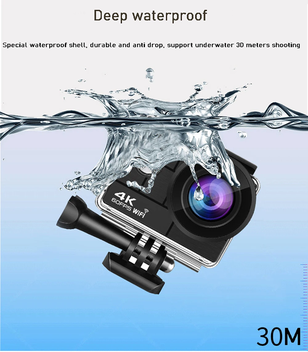 Action Camera HD 4K 60/30fps 1080P 60fps WiFi 2.4G Hz 170D Underwater Waterproof Helmet Video Recording Sport Cam