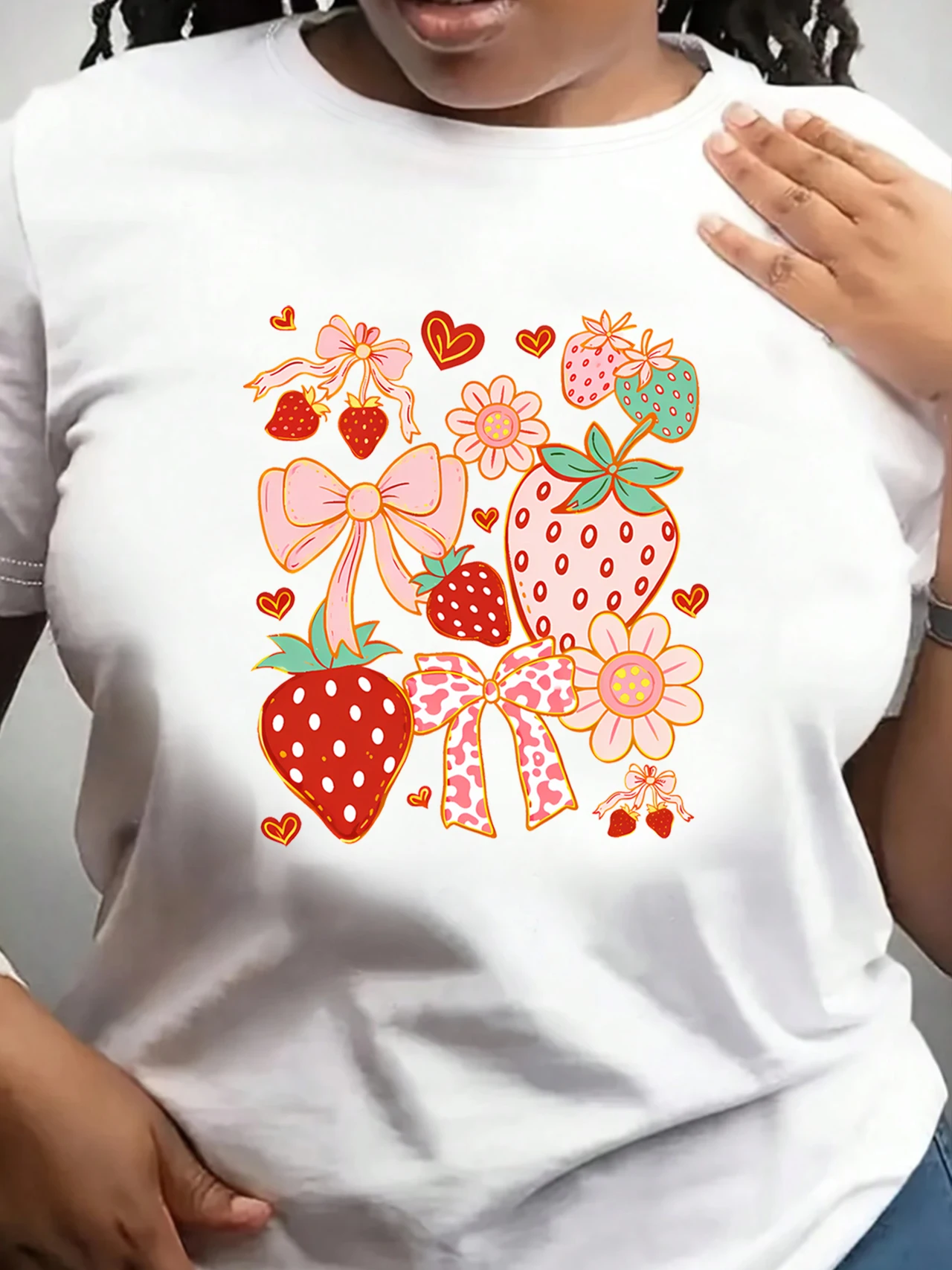 

【ZXH1118】Женская футболка Coquette с цветочным принтом и клубничным бантом, милая, больших размеров, с круглым вырезом, летняя, с коротким рукавом