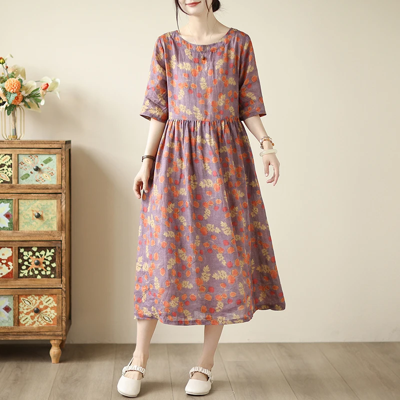 Ele Cotton Linen Midi Dr Summer Thin Floral Print Women's High Waist ort Sve Commute Sle Polyester Fiber