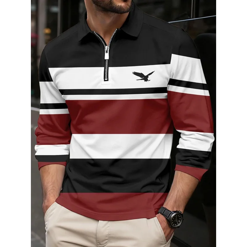 

Men's long-sleeved polo shirt with striped zipper collar, fashionable business formal outdoor spring and autumn polo shirt colla