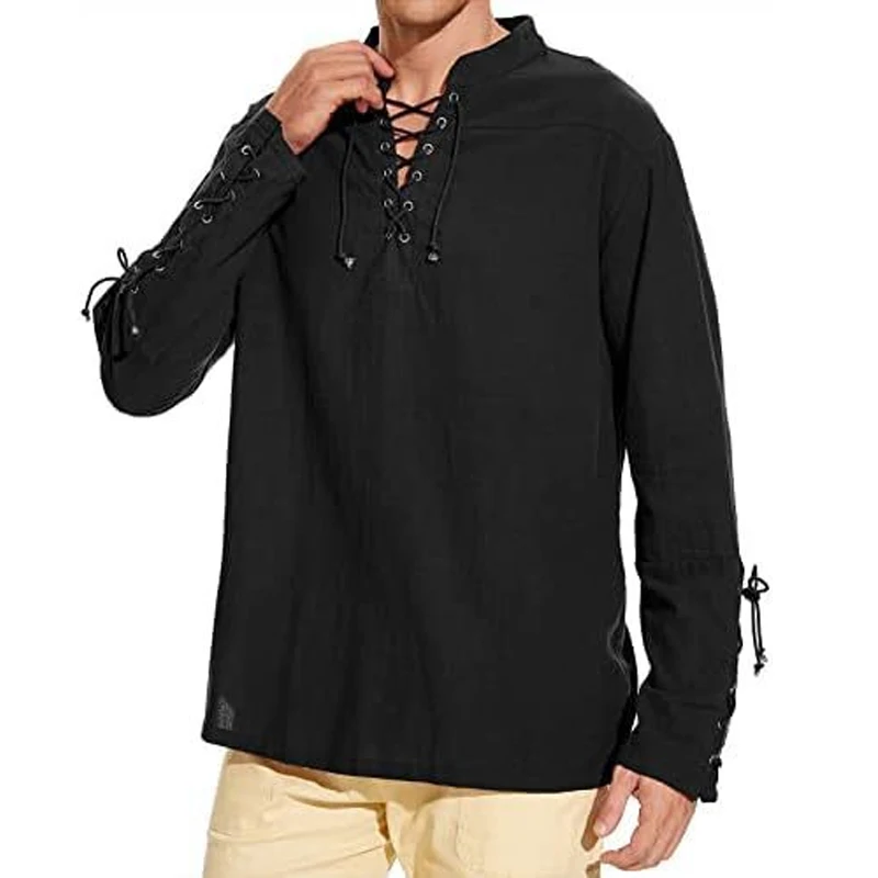 Mens Cotton Henley Shirt Fashion Solid Color Long Sleeve Lace Up Medieval Pirate Shirt Vintage Casual Tops Beach T-shirt