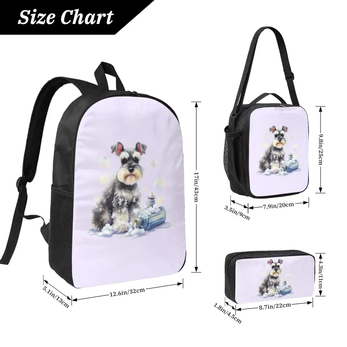 Miniature Schnauzer Bath With Bubbles Backpack Student BookBag School Bag Shoulder Bags 3ps Insulated Lunch Bag Pencil Case