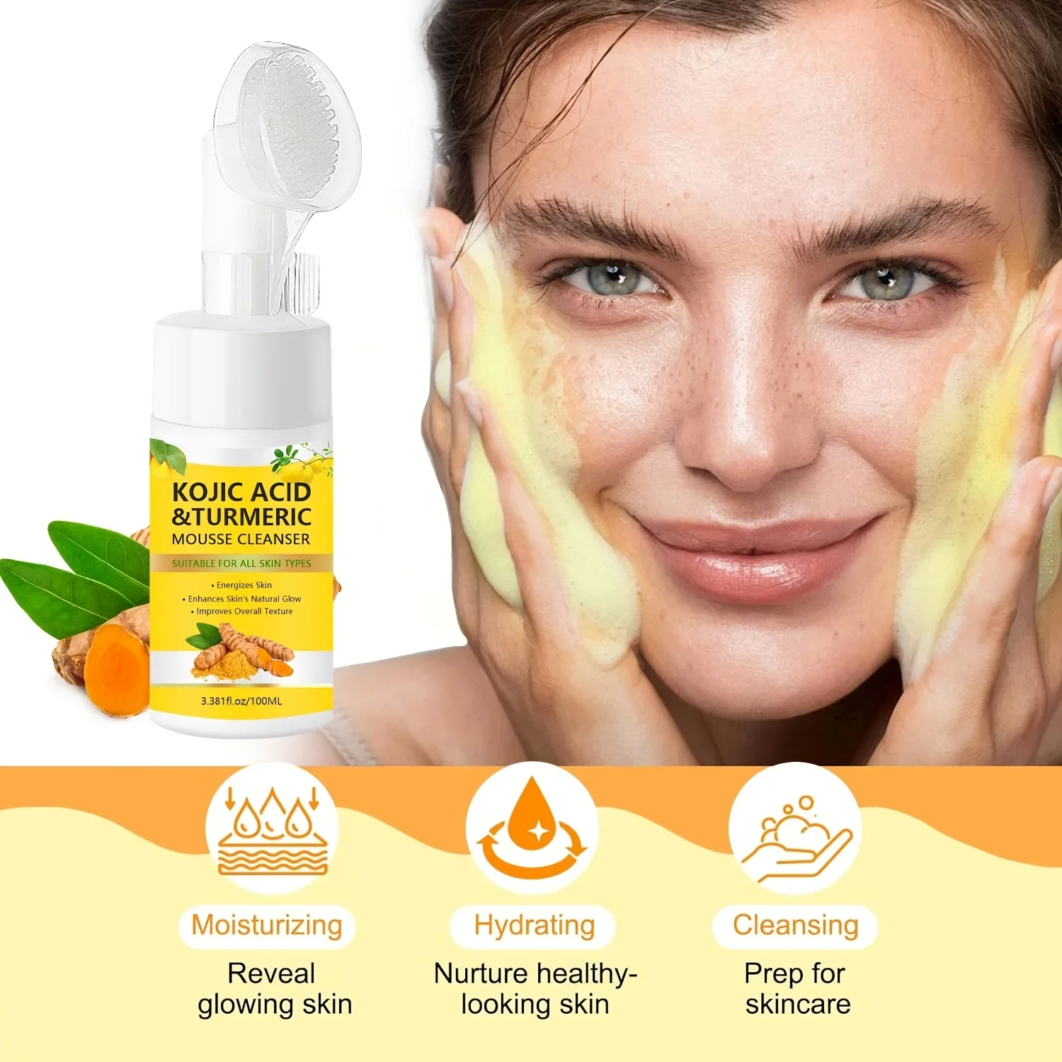 Turmeric & Kojic Acid Cleansing Mousse - Gently Eliminates Dirt And Excess Oil, Deep Cleanse And Unclog Skin Pores