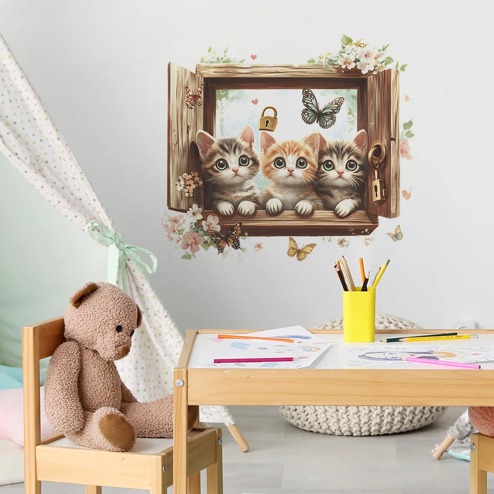 

Cartoon Fake Window Cute Cats Wall Sticker Kids Room Background Decor Mural Baby Bedroom Decoration Self-adhesive Kitten Decals