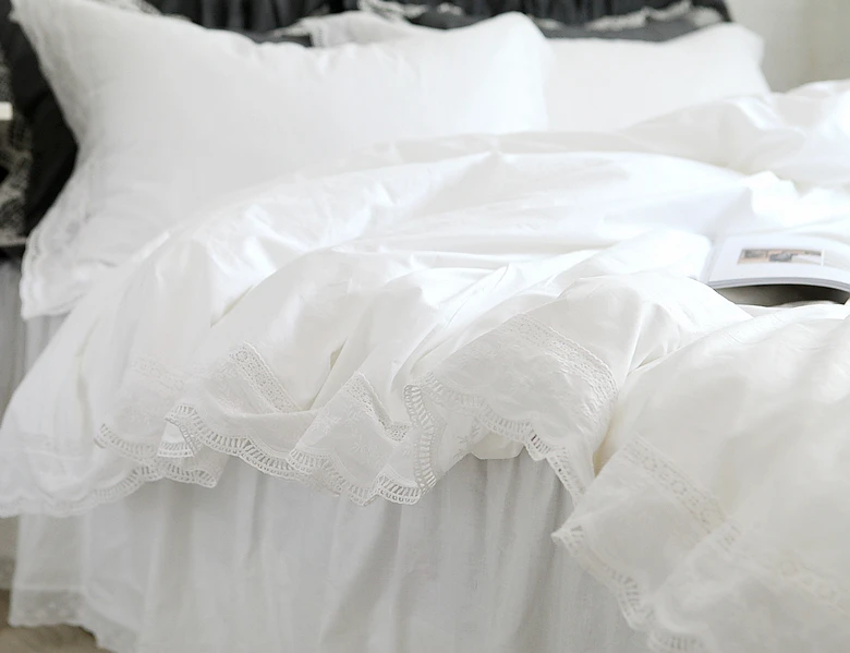 Luxury Romantic Ruffle Duvet Cover White Bedding King Duvet Cover Lace Bed Set Princess Solid Cotton Quilt Cover Duvet Set Queen