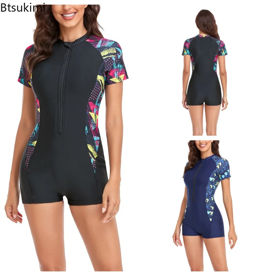 

2025 Surfing Swimsuit One Piece Short Sleeve Swimwear Women Zipper Rash Guard Diving Printed Bathing Swimming Swim Suit Bathers