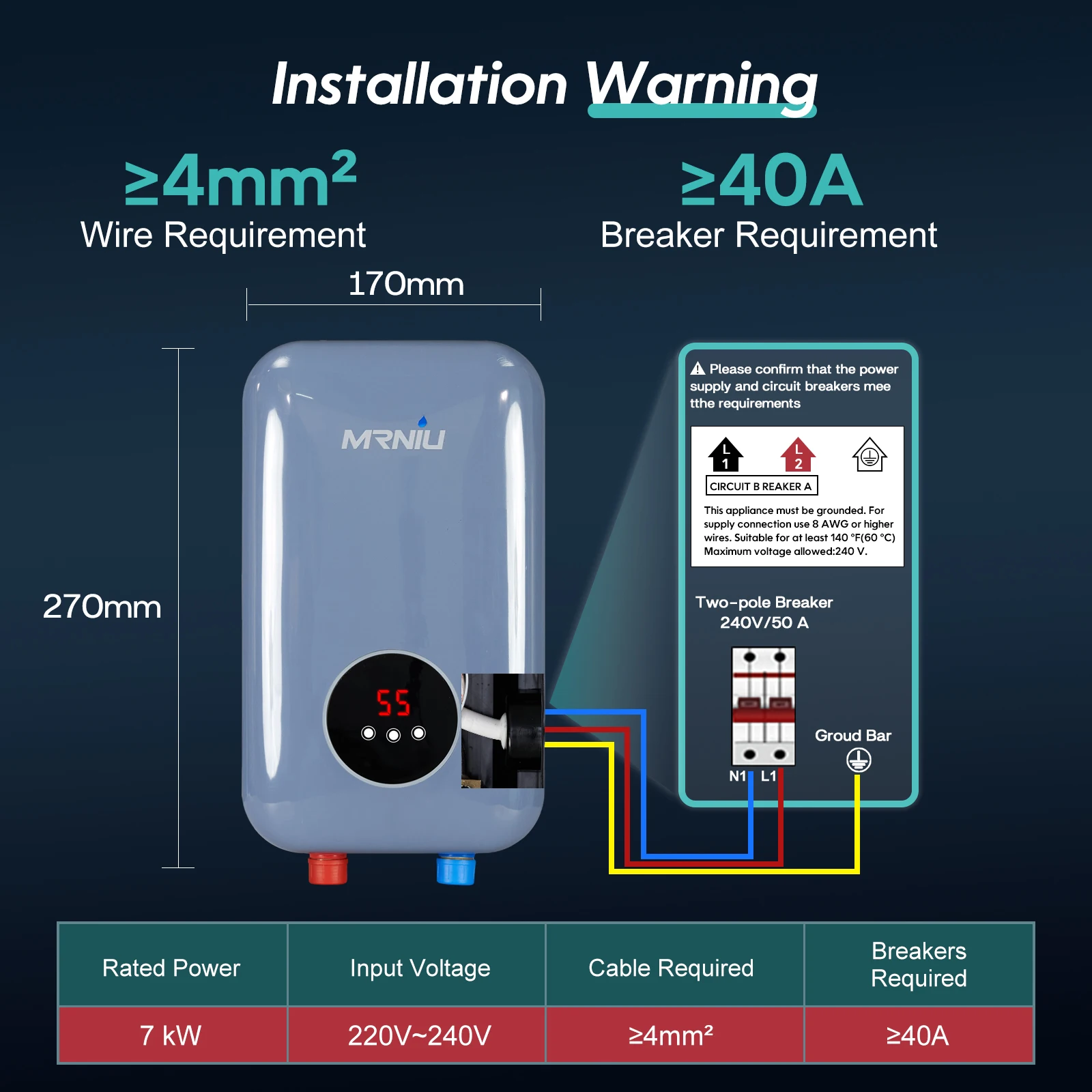 Electric Tankless Water Heater 7kw 220V-240V Point-of-Use Hot Instant Water Heater Digital Display for Shower Bathroom Kitchen