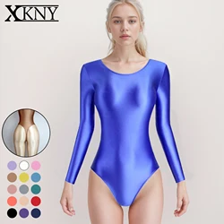 XCKNY collant lucidi in raso di seta abito a forma di T liscio forcella alta manica lunga costume da bagno Yoga abbigliamento sportivo tuta da ginnastica tinta unita