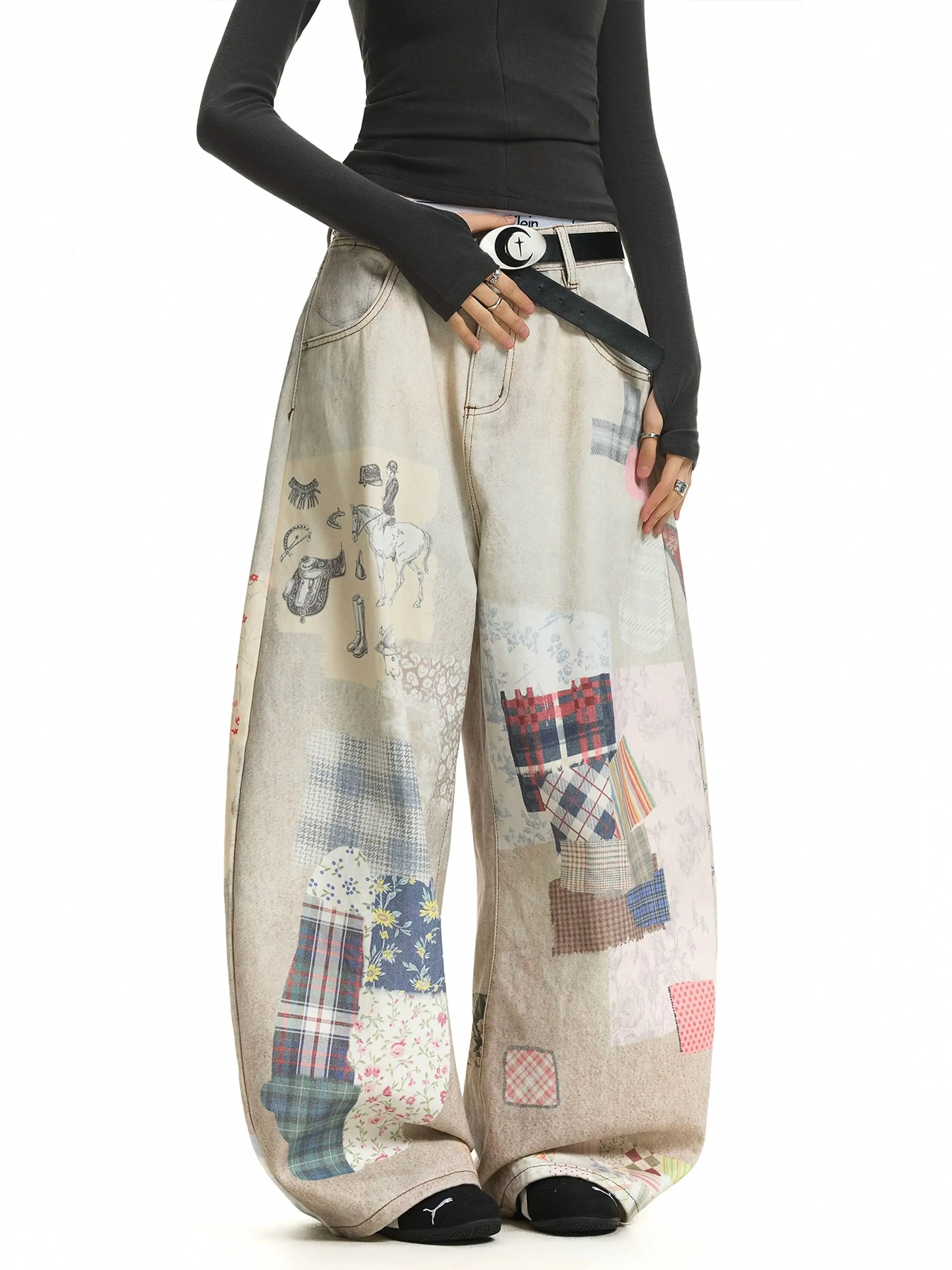 

Y2K Retro Jeans Curved Knife Street Print Loose Wide Leg Pants for American Men and Women