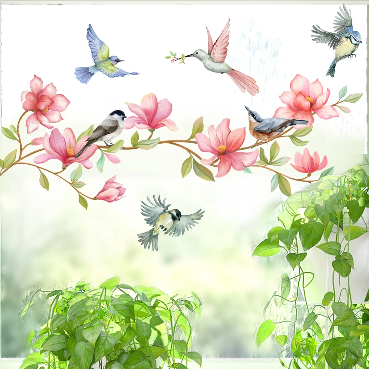 Pink Flower Bird Static Window Clings Double-Sided Visible Glass Wall Stickers Window Shop Display Decor Decals
