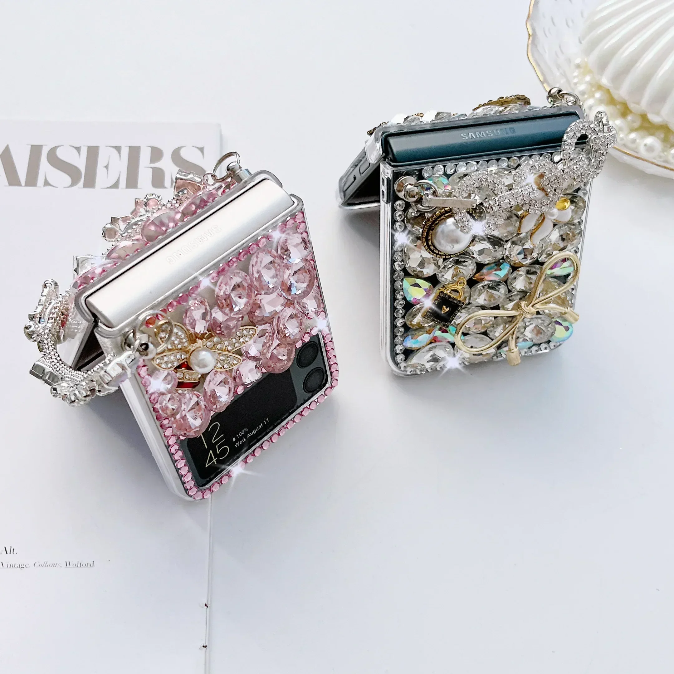 삼성 갤럭시 Z 플립 6 5 4 3 2 럭셔리 다이아몬드 꽃용 크리스탈 진주 휴대폰 케이스