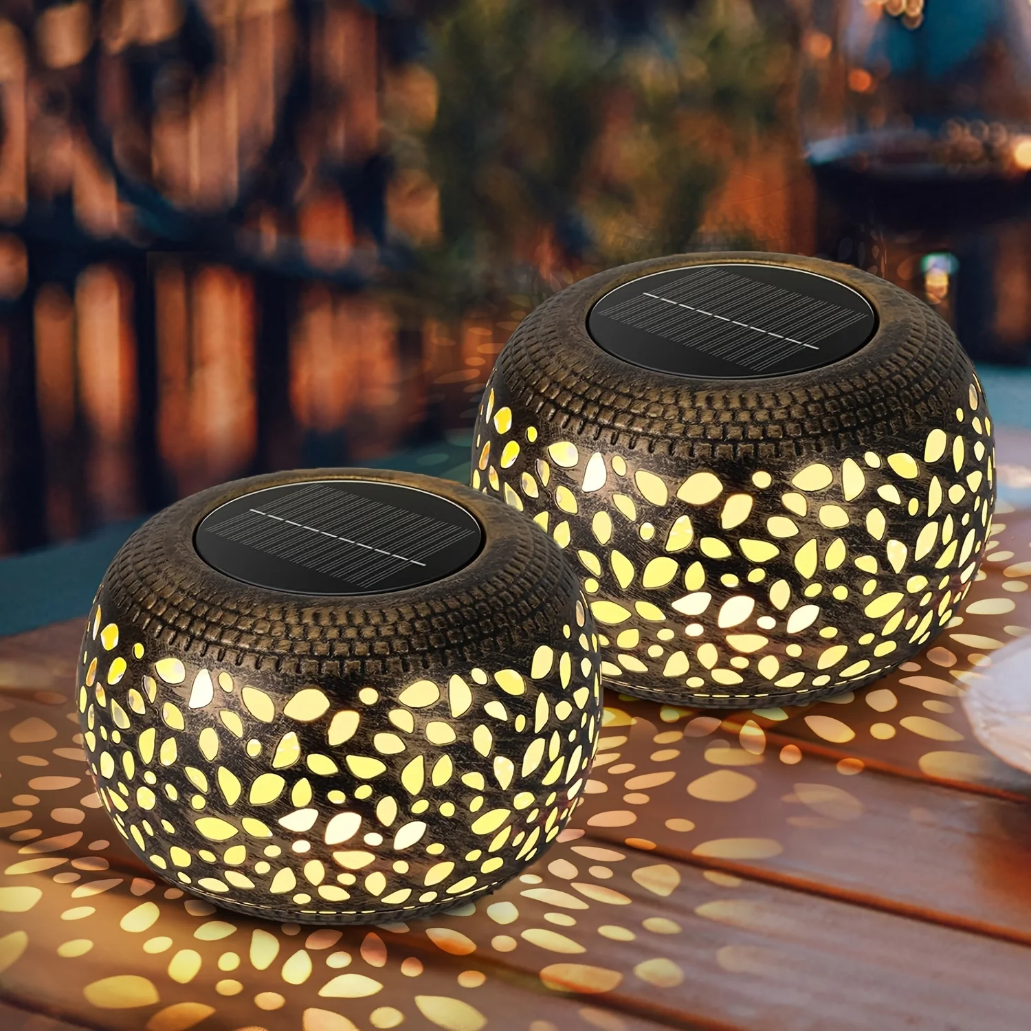 2 Pack Solar Lantern Halloween Decorations Outdoor, White/Black/Bronze Hollow Out Metal LED Solar Lantern for Patio Porch Garden