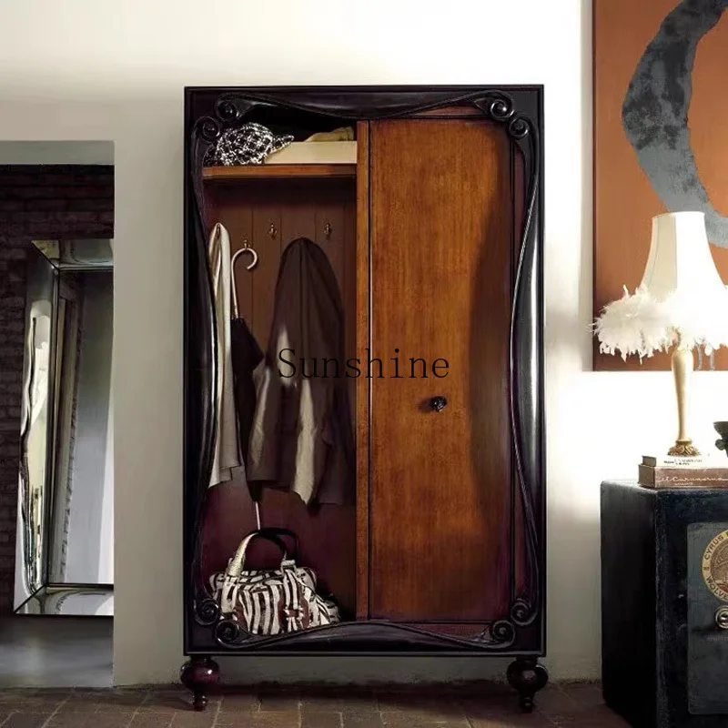 

American country home wardrobe solid wood bedroom casement sliding door retro carved storage