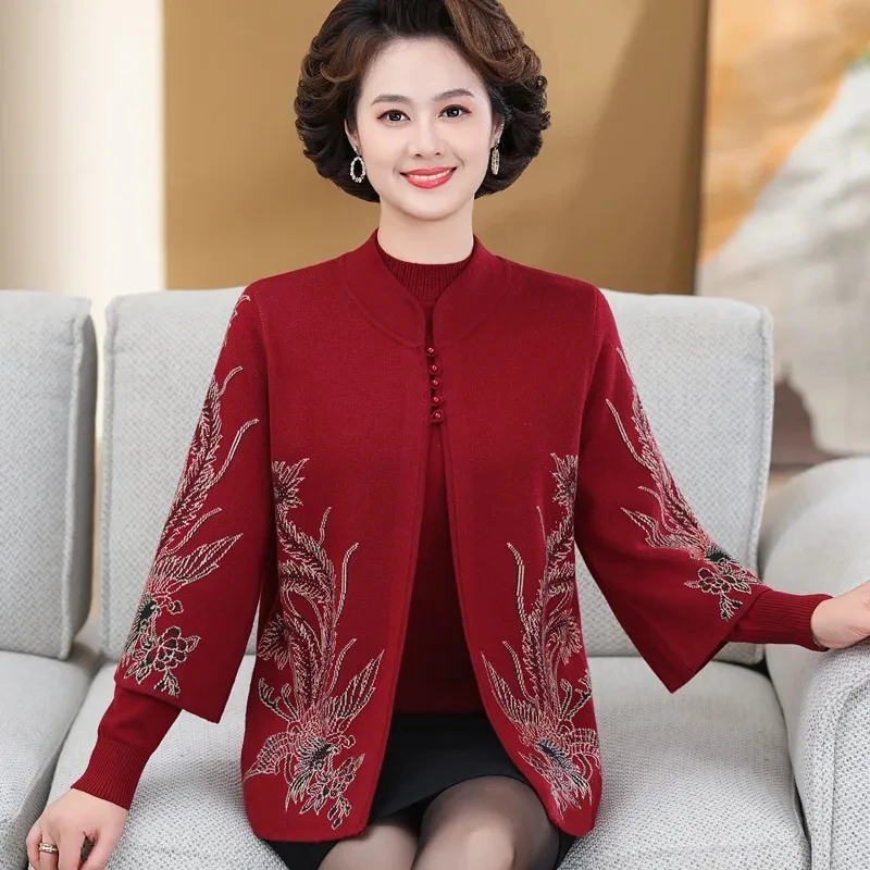 Spring Fall Thick High End Middle-Aged Mother Knitted Cardigan Sweater 2 Piece Sets Stand Collar Embroidered Cardigans Wool Coat