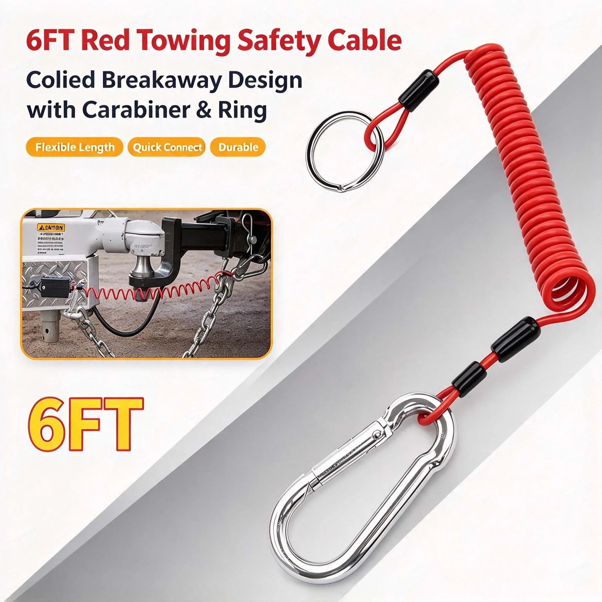 Premium High Quality 6FT Coiled Breakaway Trailer Cable Red Color Towing Safety for Towing Vehicles Replacement Parts