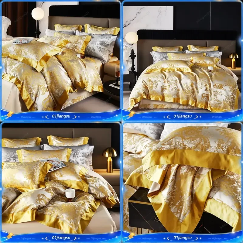 Luxury Beige Gold Brocade Jacquard Egyptian Cotton Bedding Set 4 6 Pcs Duvet Cover Flat Fitted Sheet Pillowcases Home Textile