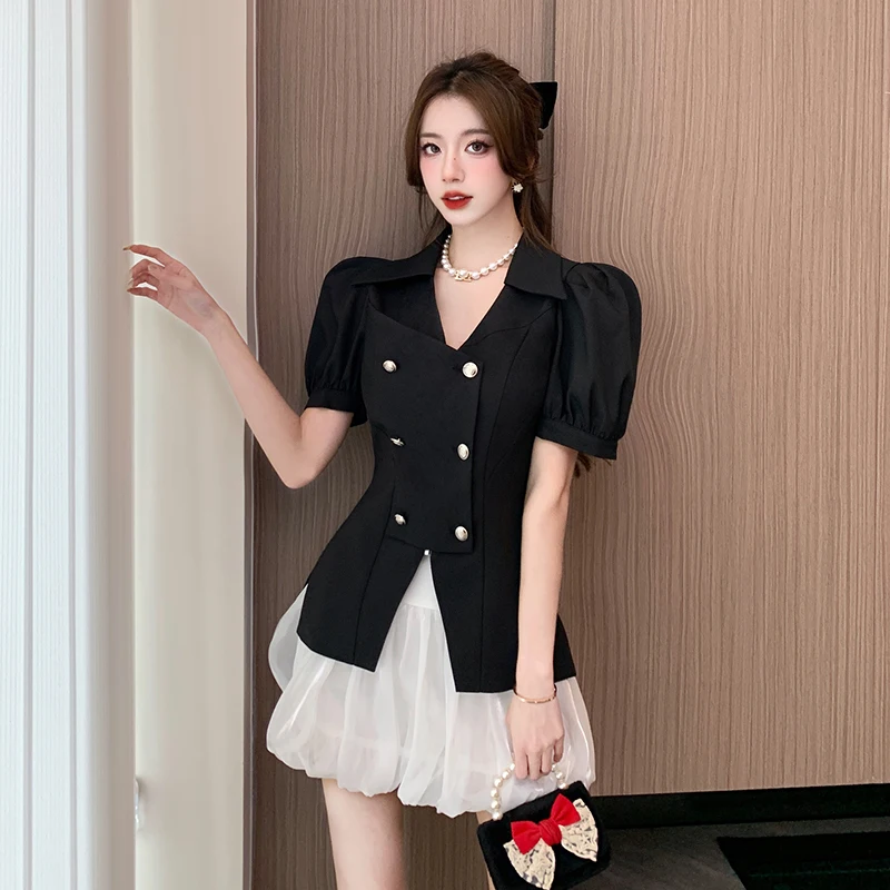 Conjunto elegante de manga curta com casaco crop top e minissaia feminino, moda coreana, senhora do escritório, casual, verão, festa, 2 peças