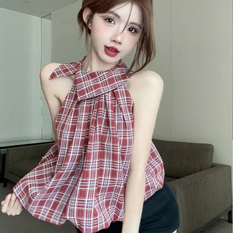 Korean Style Niche Retro Fashion Elegant Plaid Sleeveless Shirt Summer New Popular Original Design Sweet Sexy Slim Women\'s Top