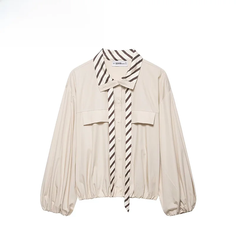 

Модная женская шелковая рубашка в стиле колор-блок, новинка весеннего сезона, свободный крой, длинный рукав, укороченная, дышащая, приятная к телу, полиэстер...