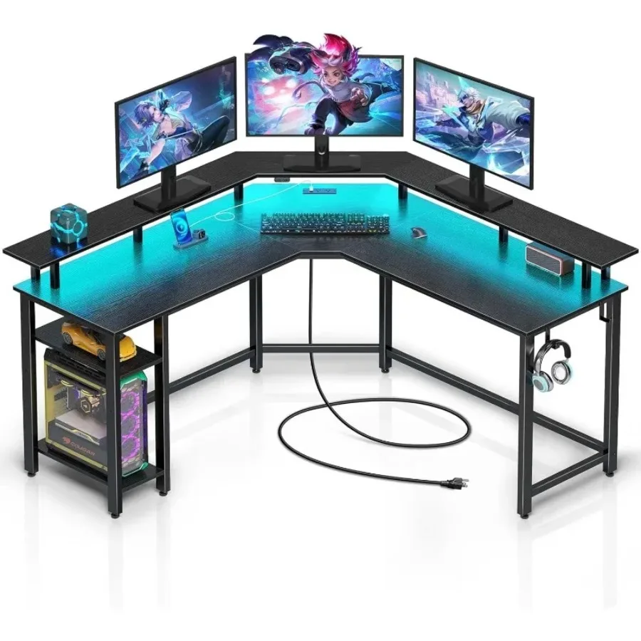 53" L-Shaped Game Table with LED Lights and Power Outlets, Reversible Corner Table, Black