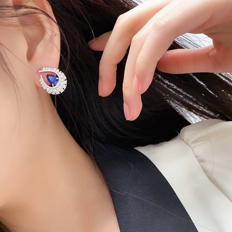 ShanLover Brand Deep Blue Teardrop Earrings Sapphire Stud Earrings For Lab Grown Gemstones Women S925 Silver Earrings