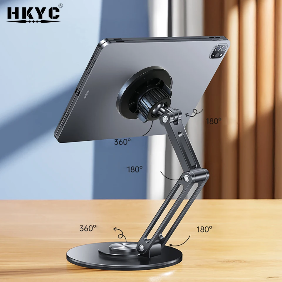 HKYC New Magnetic Metal Tablet Stand Holder 360° Rotating Universal Bracket for IPad Phone Desktop Office Work Live Streaming