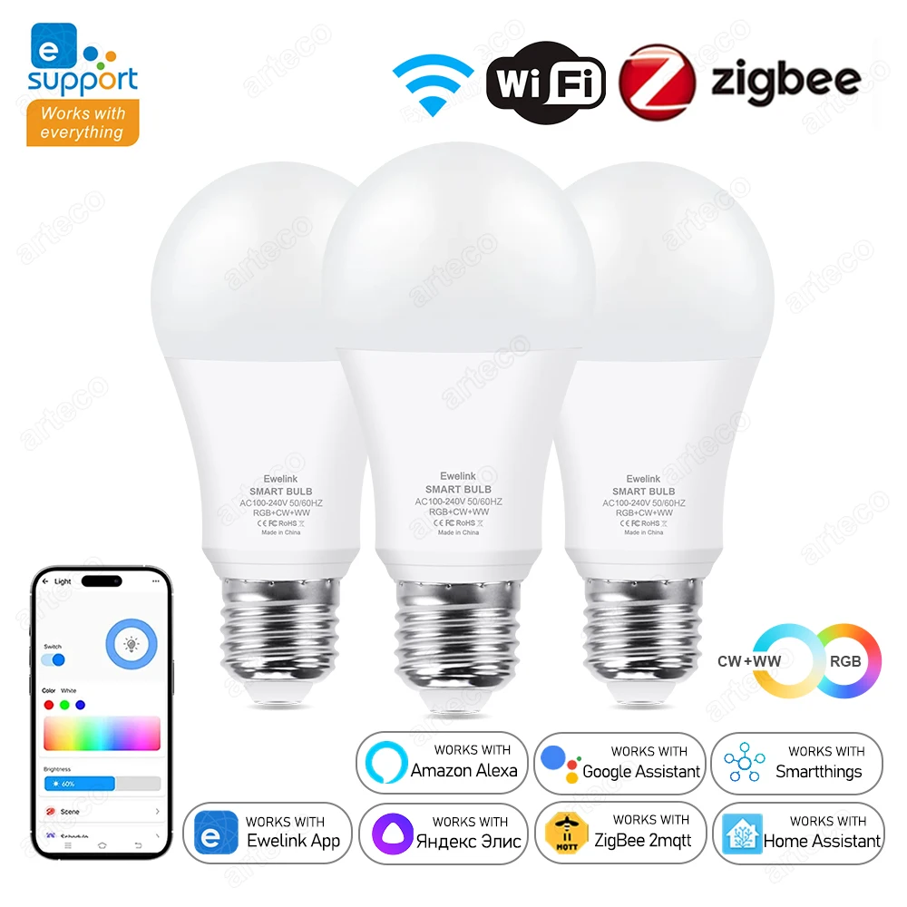 

Ewelink E27 Zigbee Led Bulbs WiFi Smart Light Bulb RGB+CW+WW 15W E27 Smart Led Lamp Works With Amazon Alexa Home Assistant Alice