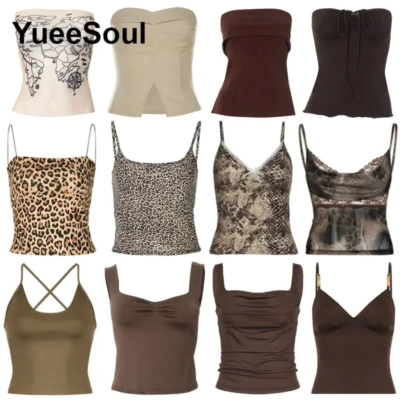 Vintage Brown Crop Tops Printed Slim Corset Top Summer New Y2k Aesthetic Fairycore High Street Sexys Tanks Tops Women Clothing